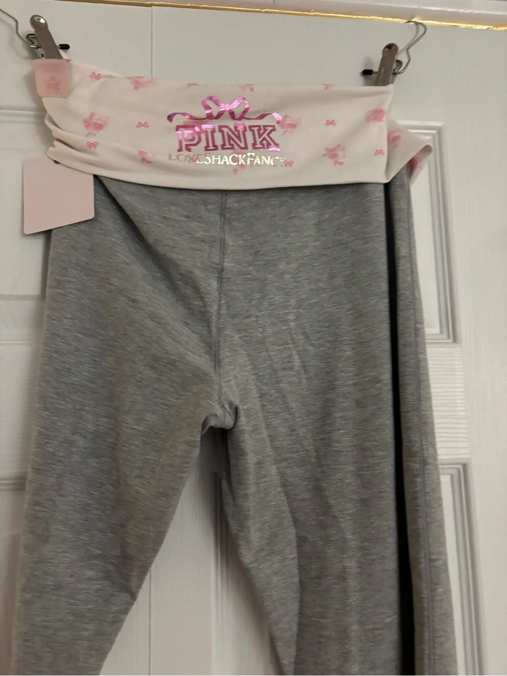 PINK Victoria's Secret LoveShackFancy Gray Leggings with Pink Fold-Over Waist - Picture 1 of 3
